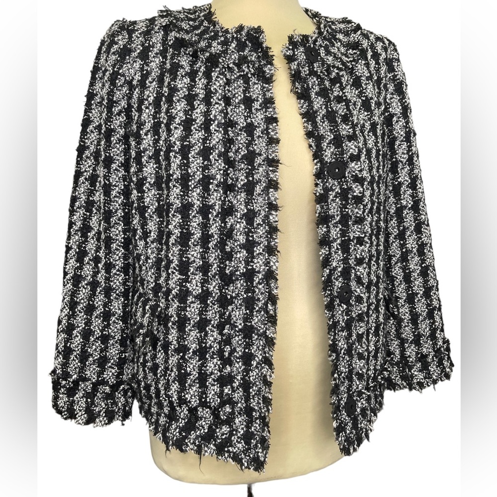 Ann Taylor black white tweed round collar blazer suit jacket size 6